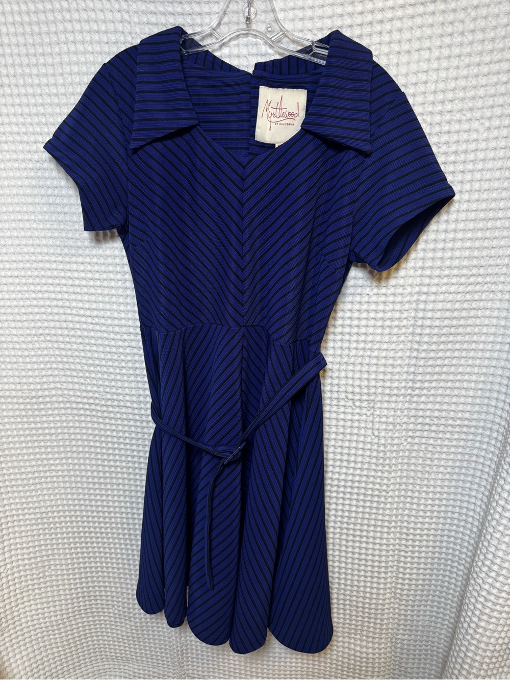 Myrtlewood of California Blue Black Striped Mod 60’s A-Line Belted Dress-Size XL